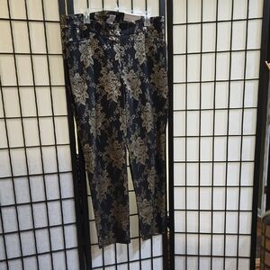 Chico's Black Pants with Gold Floral Print- Slimming -40" length -2 front & back